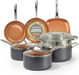 gotham steel 12 pc ceramic cookware set nonstick, ceramic pots and pans set non stick with steamer for cooking, non toxic pfoa pfos free, ergonomic stay cool handles, oven & dishwasher safe, copper