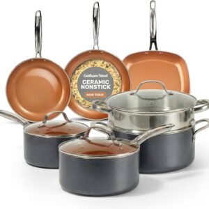 gotham steel 12 pc ceramic cookware set nonstick, ceramic pots and pans set non stick with steamer for cooking, non toxic pfoa pfos free, ergonomic stay cool handles, oven & dishwasher safe, copper